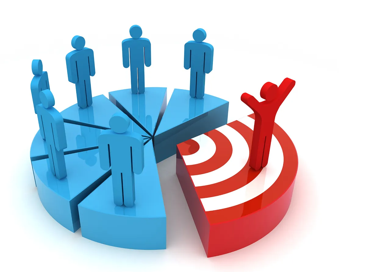 Illustration of a pie chart with blue figures and one prominent red figure standing on a target shaped slice