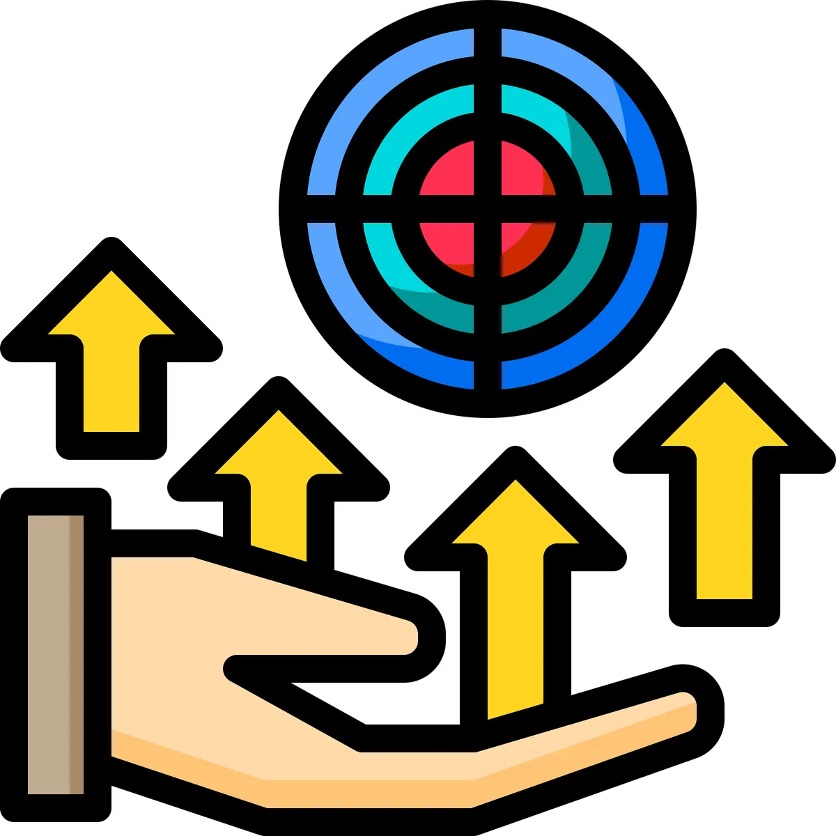 Illustration of an open palm holding rising arrows in front of a round target