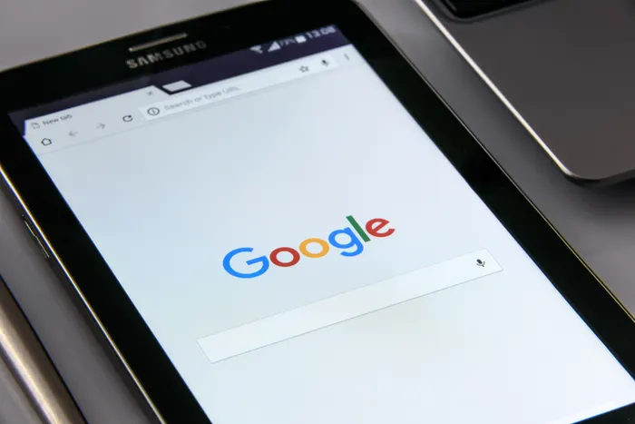 A tablet showing the Google homepage