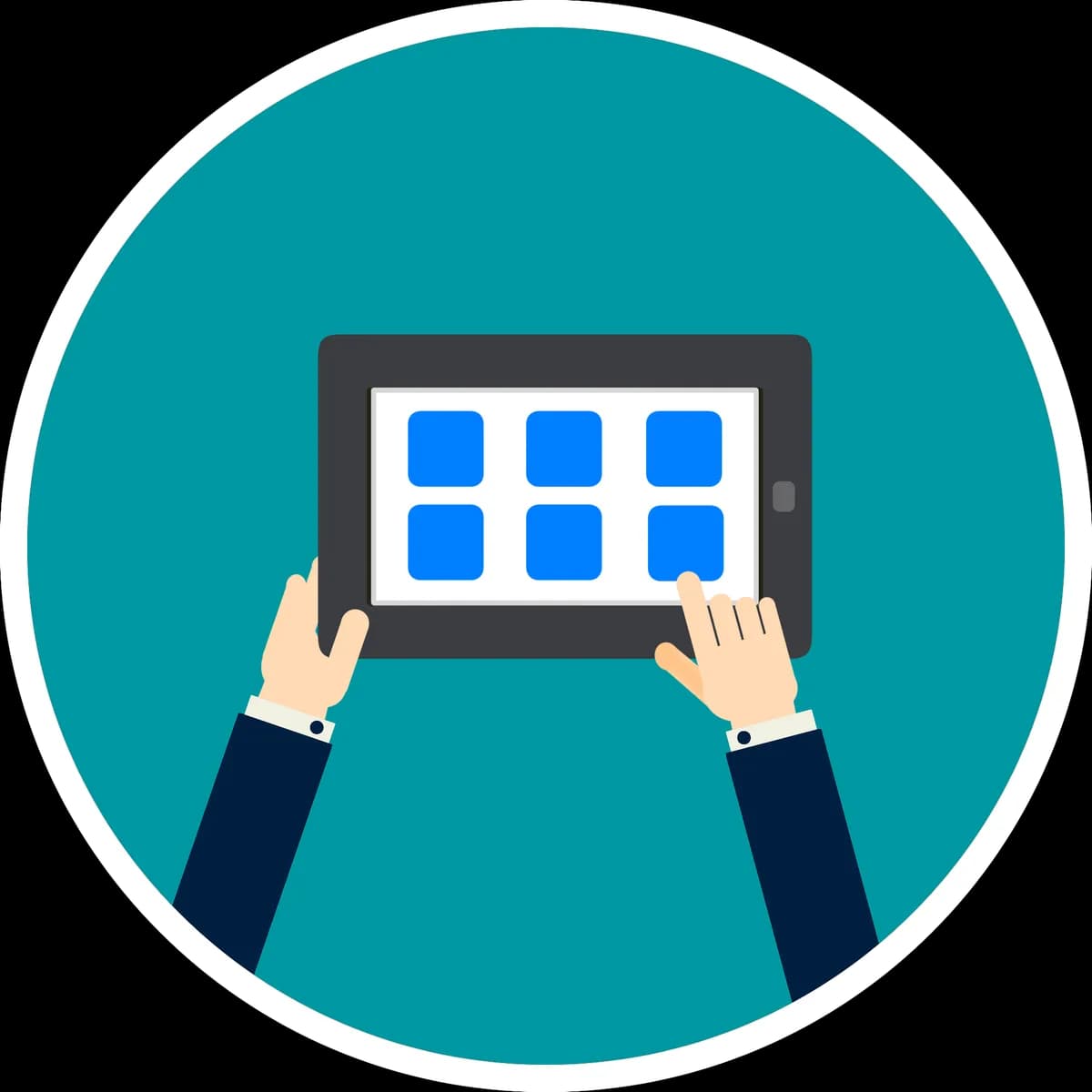 Illustration of hands holding a tablet with a screen showing large, clear buttons
