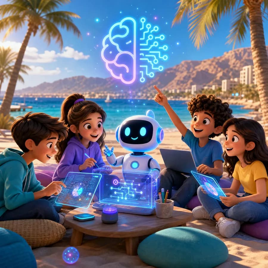 איור קמפיין לקורס AI לילדים על רקע אילת עבור מאלפי הבינה המלאכותית